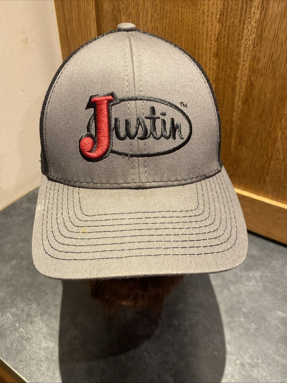 Justin Boots Embroidered Logo Gray Black Trucker Cap Hat Mesh Snapback Cattle